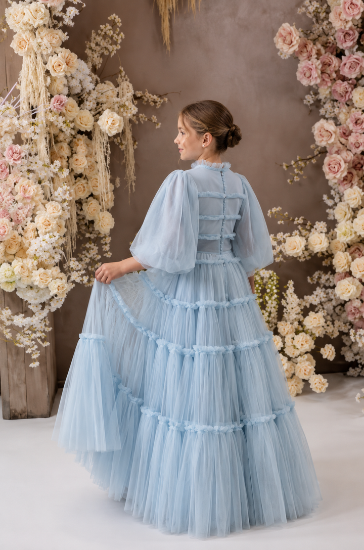 TinyTulle Elegant Light Blue Tulle Tiered Flower Girl Dress with Long Sleeves &amp; Bow Waist