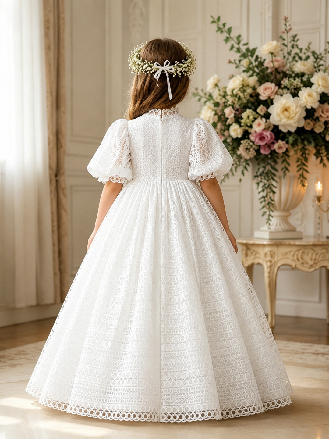 TinyTulle Vintage White High Waist Lace Puff Sleeve Ball Gown Flower Girl Dress