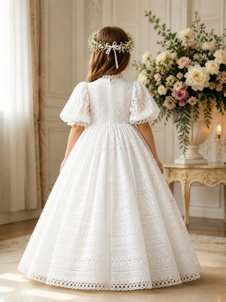 TinyTulle Vintage White High Waist Lace Puff Sleeve Ball Gown Flower Girl Dress