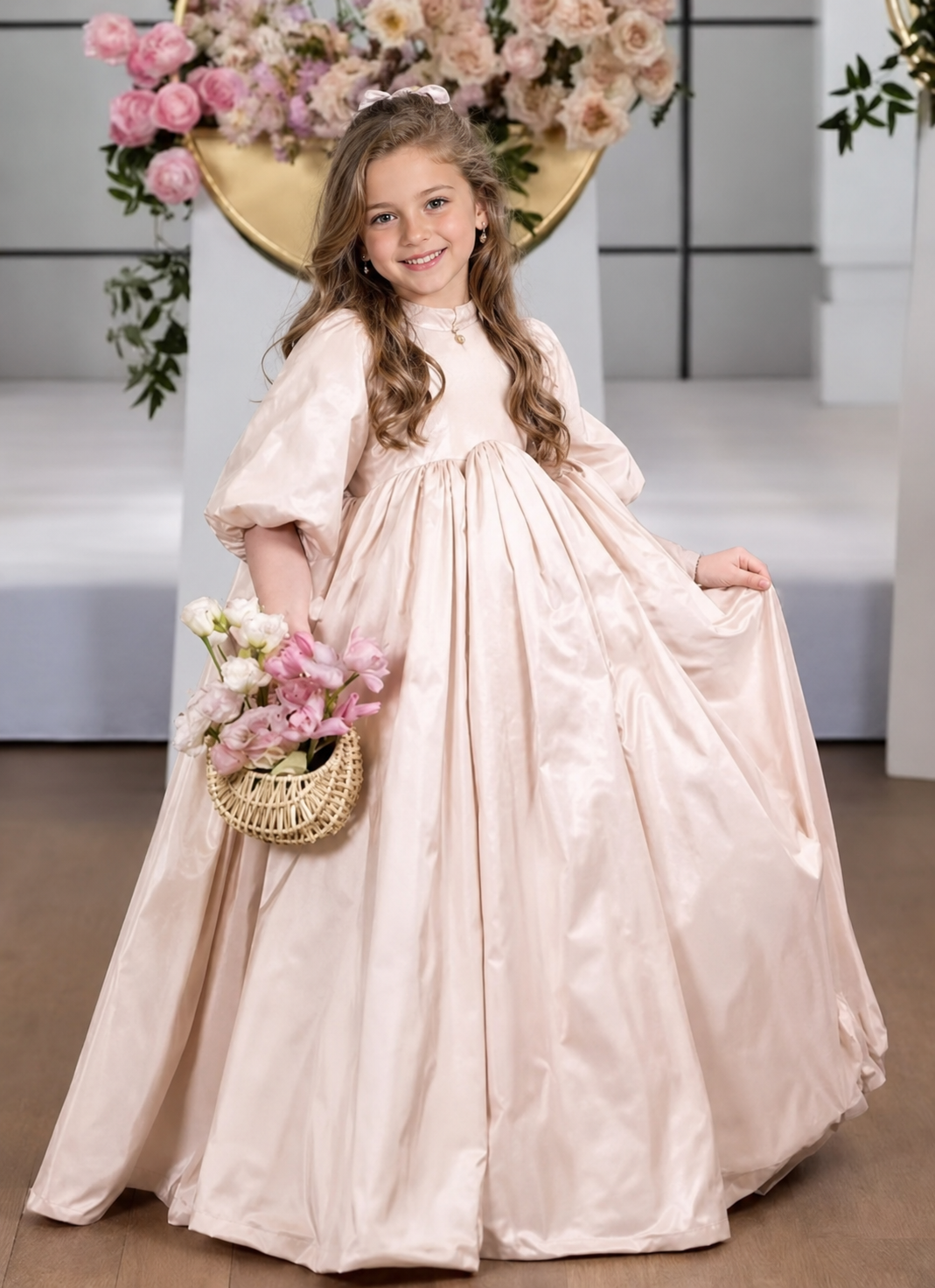 TinyTulle Elegant Blush Pink Satin Empire Waist Flower Girl Dress