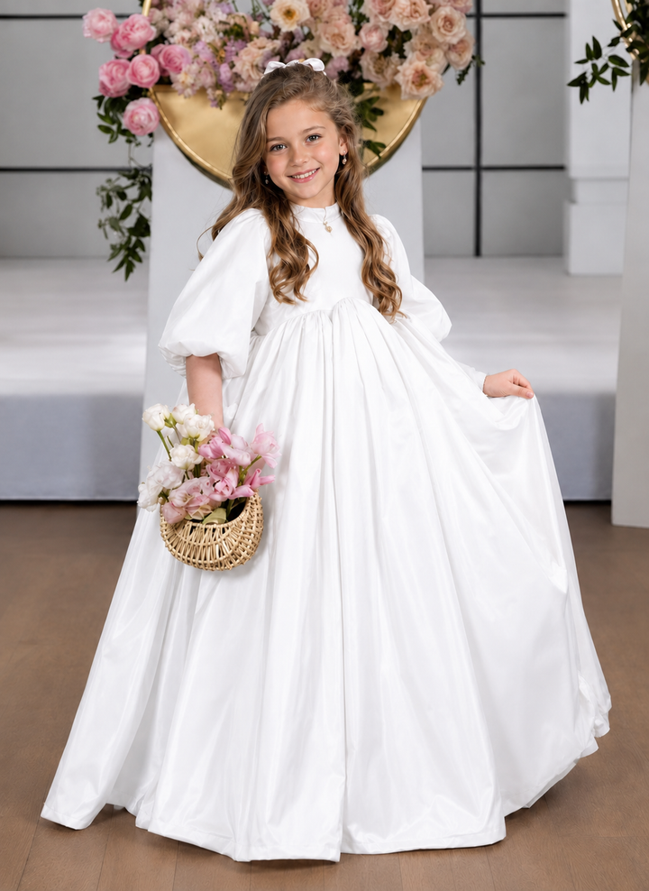 TinyTulle Elegant Blush Pink Satin Empire Waist Flower Girl Dress