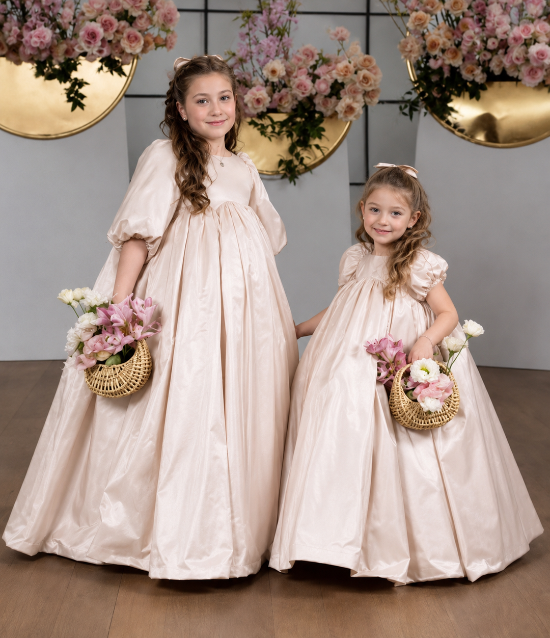 TinyTulle Elegant Blush Pink Satin Empire Waist Flower Girl Dress