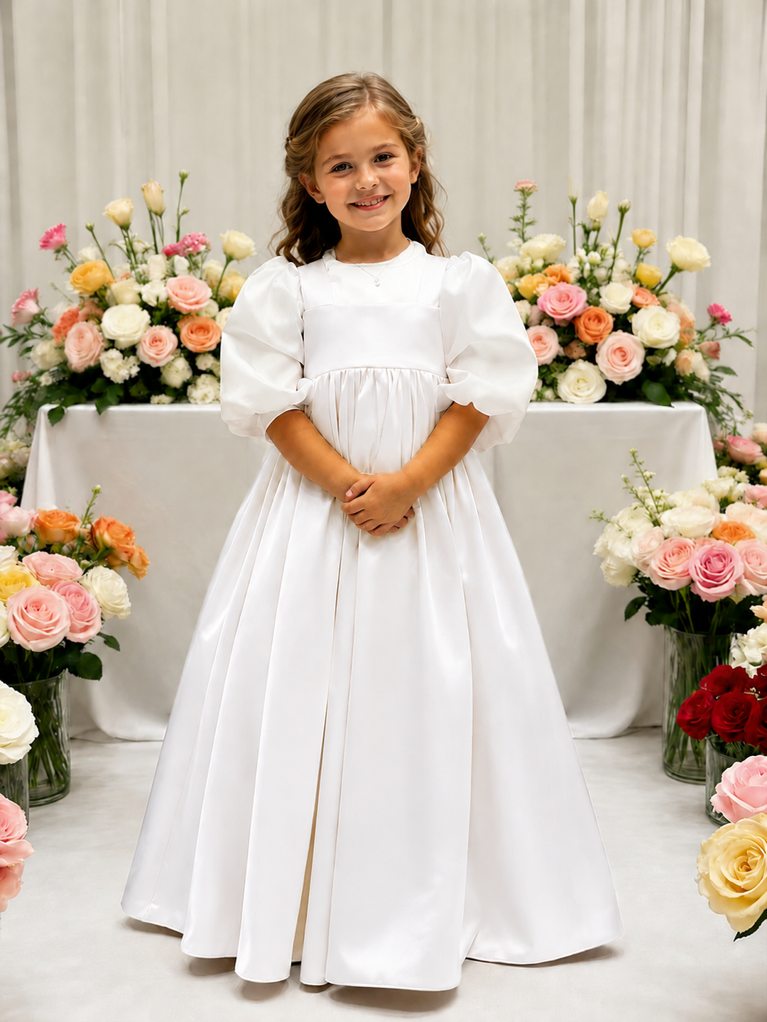 TinyTulle Elegant Ivory Satin High-Waist Puff Sleeve Flower Girl Dress for Weddings