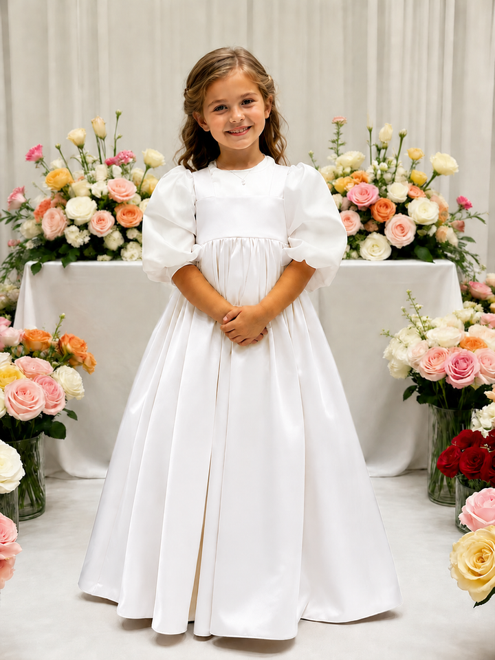 TinyTulle Elegant Ivory Satin High-Waist Puff Sleeve Flower Girl Dress for Weddings