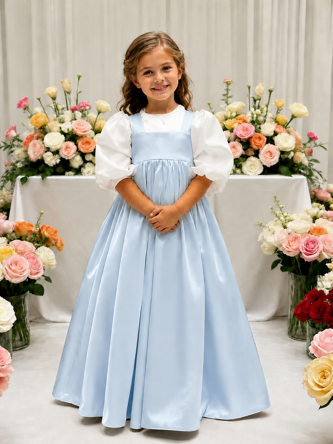TinyTulle Elegant Ivory Satin High-Waist Puff Sleeve Flower Girl Dress for Weddings