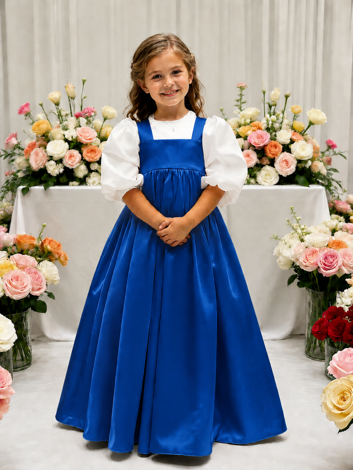 TinyTulle Elegant Ivory Satin High-Waist Puff Sleeve Flower Girl Dress for Weddings