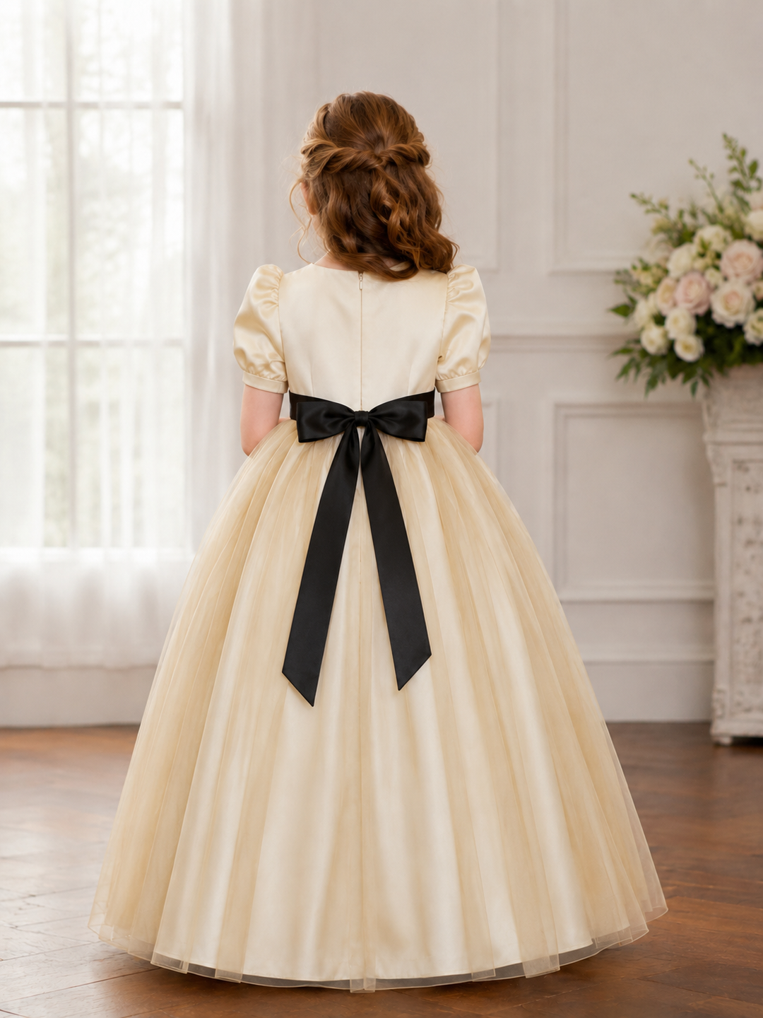 TinyTulle Classic Champagne Satin Puff Sleeve Flower Girl Dress with Black Sash