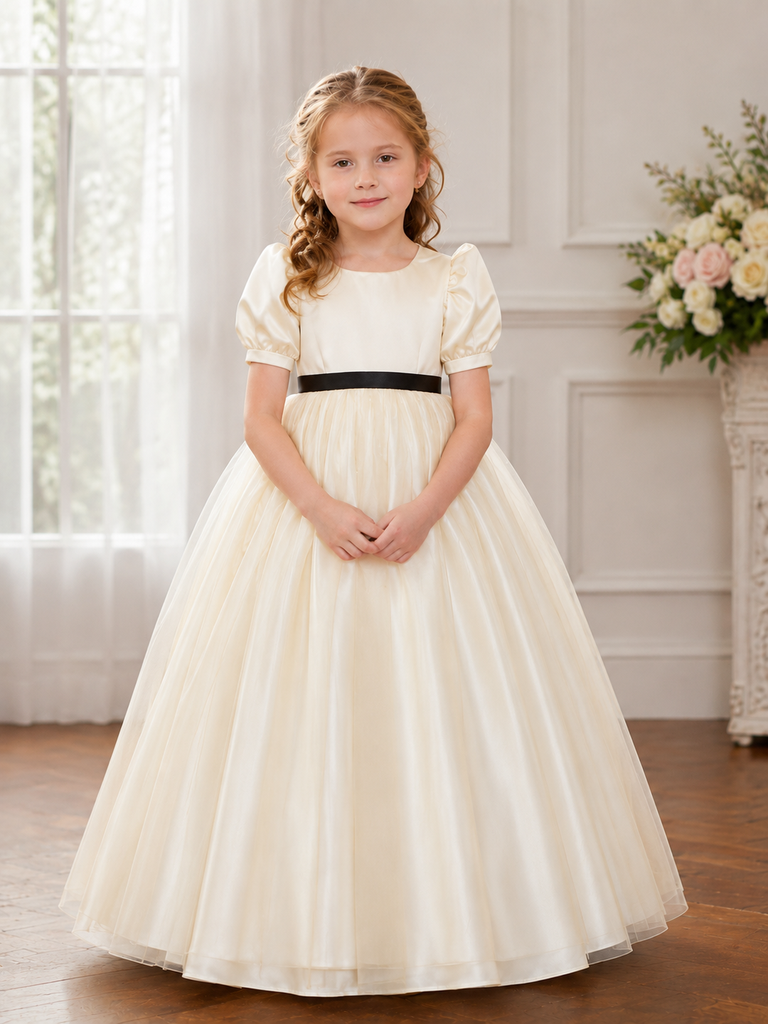 TinyTulle Classic Champagne Satin Puff Sleeve Flower Girl Dress with Black Sash