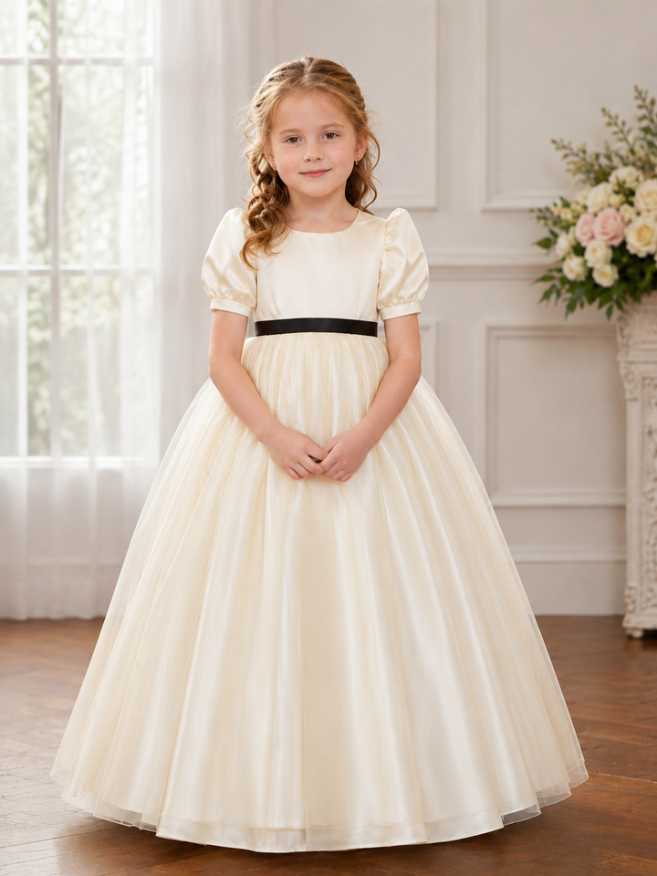 TinyTulle Classic Champagne Satin Puff Sleeve Flower Girl Dress with Black Sash