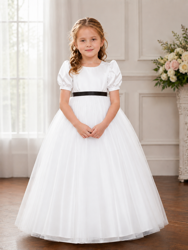 TinyTulle Classic Champagne Satin Puff Sleeve Flower Girl Dress with Black Sash