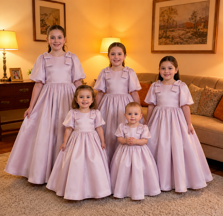 TinyTulle Elegant Dusty Pink Satin Puff Sleeve Flower Girl Dress with Bow Details