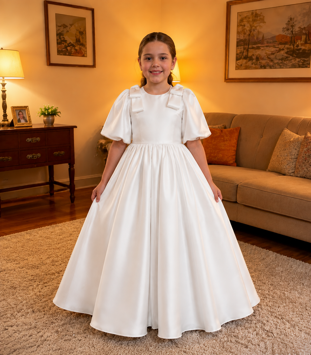 TinyTulle Elegant Dusty Pink Satin Puff Sleeve Flower Girl Dress with Bow Details