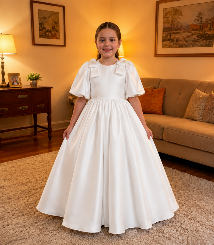 TinyTulle Elegant Dusty Pink Satin Puff Sleeve Flower Girl Dress with Bow Details