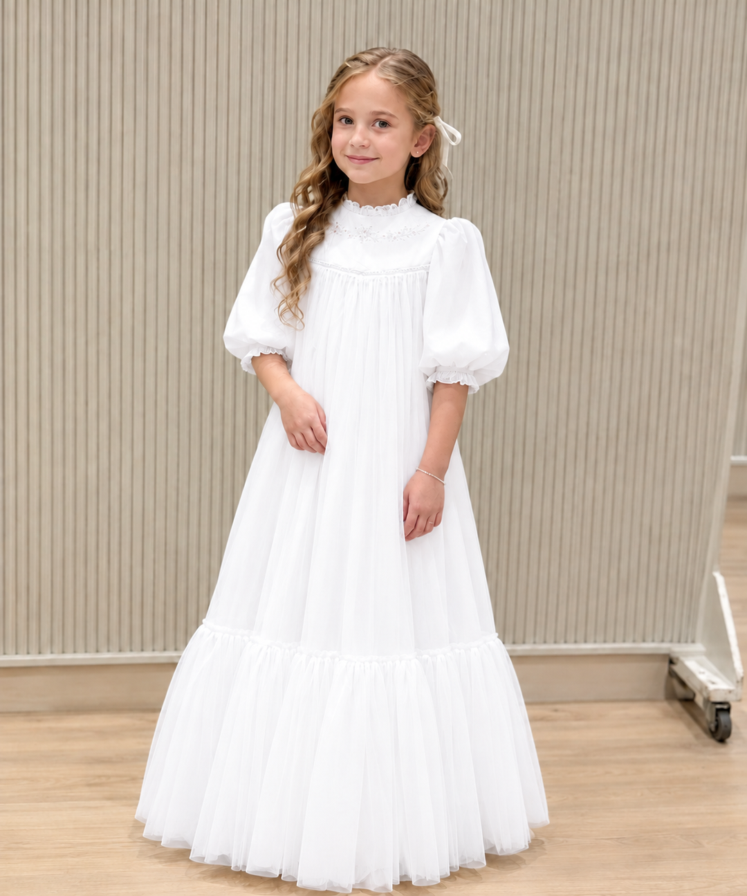 TinyTulle Elegant Ivory High Neck Puff Sleeve Tiered Tulle Flower Girl Dress