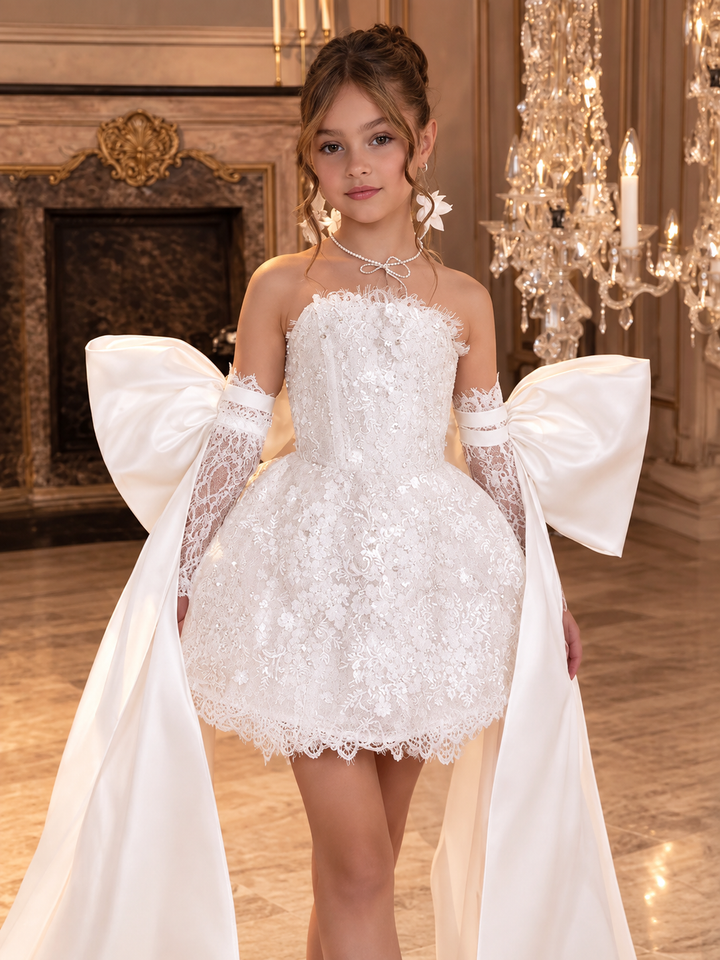 TinyTulle Elegant white Lace Flower Girl Dress with Oversized Bow