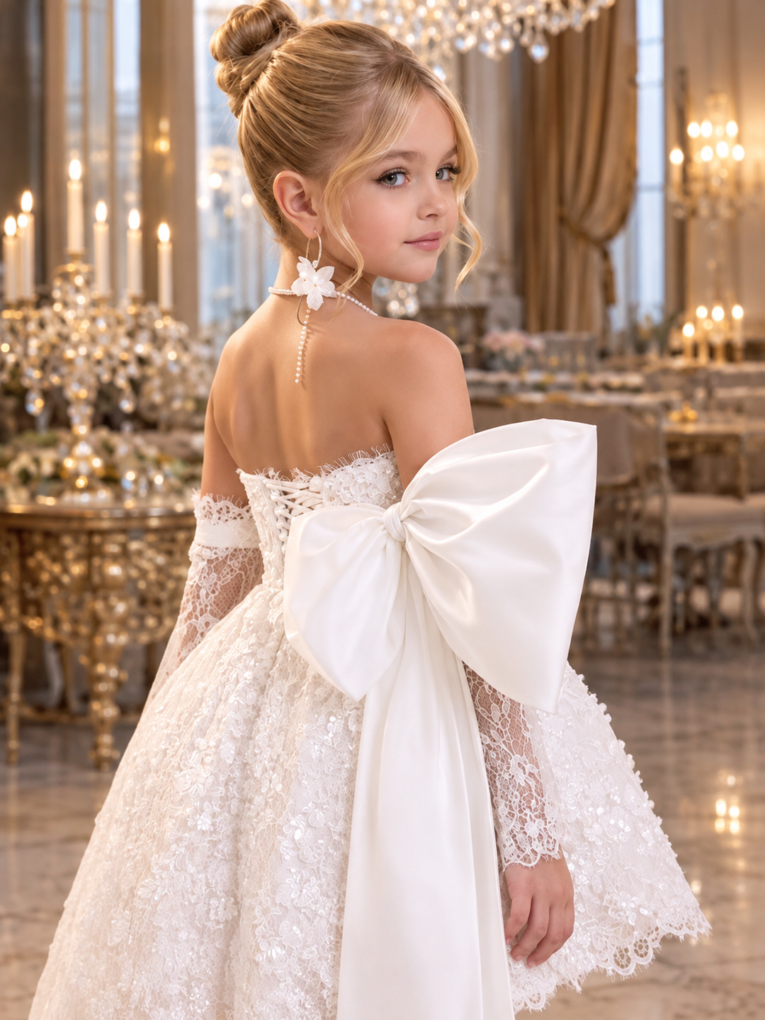 TinyTulle Elegant white Lace Flower Girl Dress with Oversized Bow