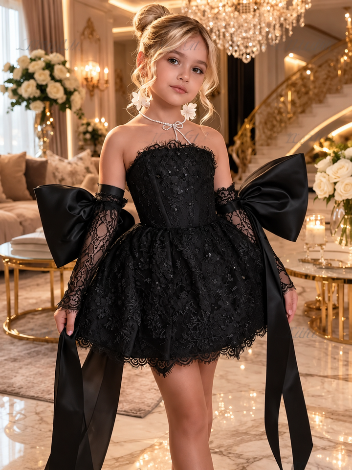 TinyTulle Elegant white Lace Flower Girl Dress with Oversized Bow