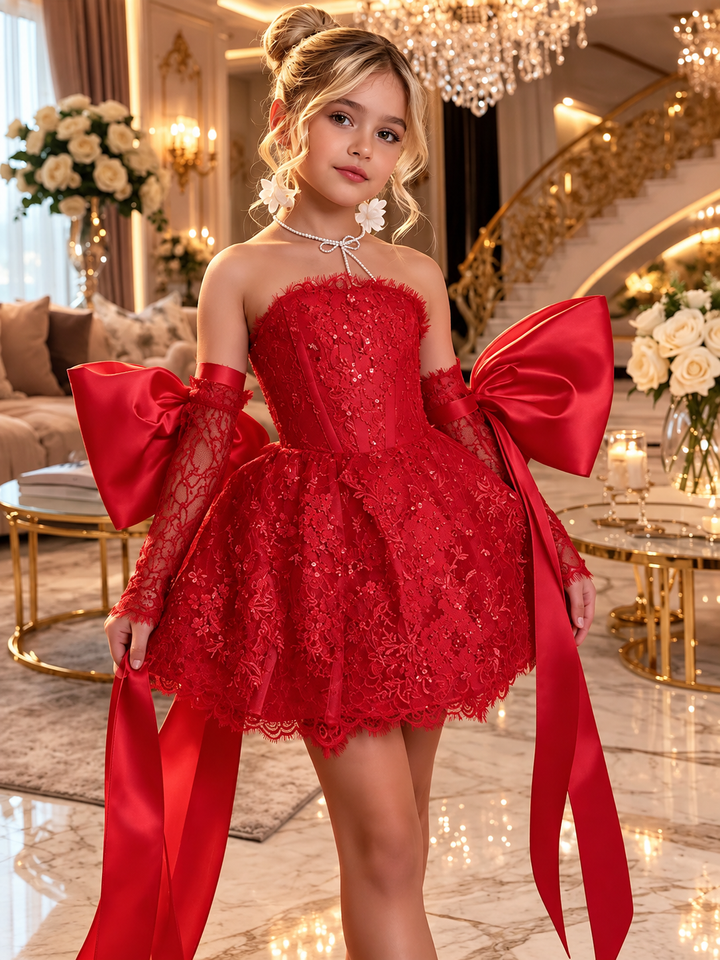 TinyTulle Elegant white Lace Flower Girl Dress with Oversized Bow