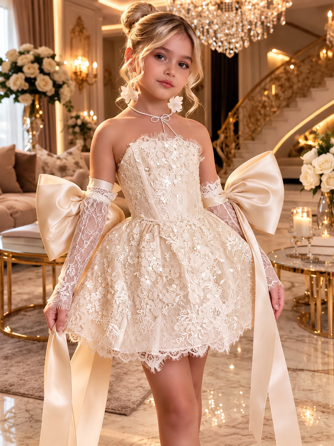 TinyTulle Elegant white Lace Flower Girl Dress with Oversized Bow