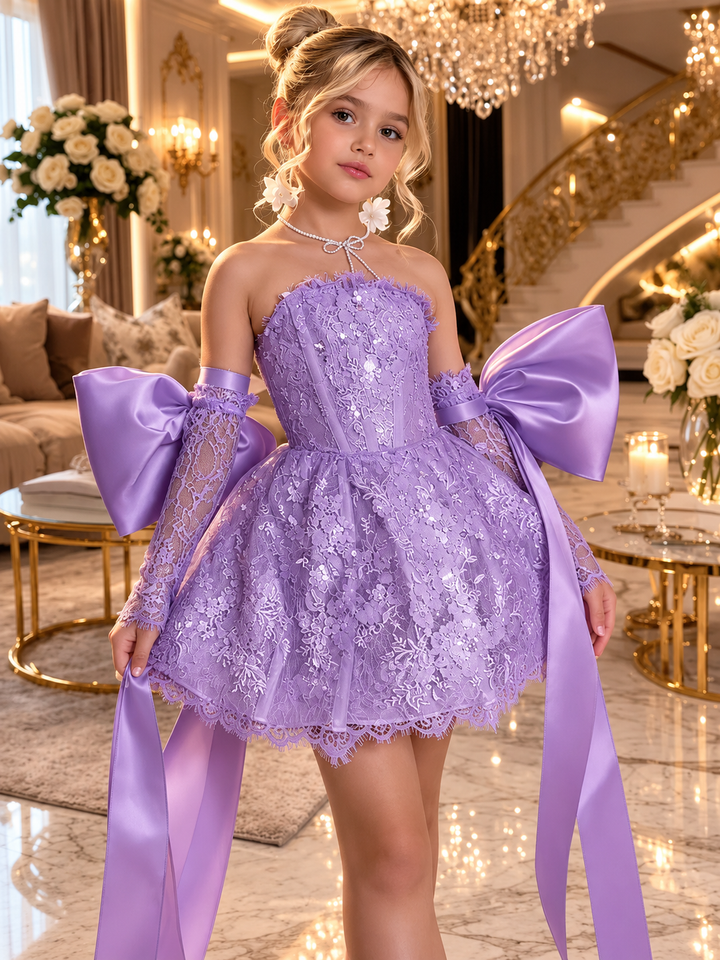 TinyTulle Elegant white Lace Flower Girl Dress with Oversized Bow