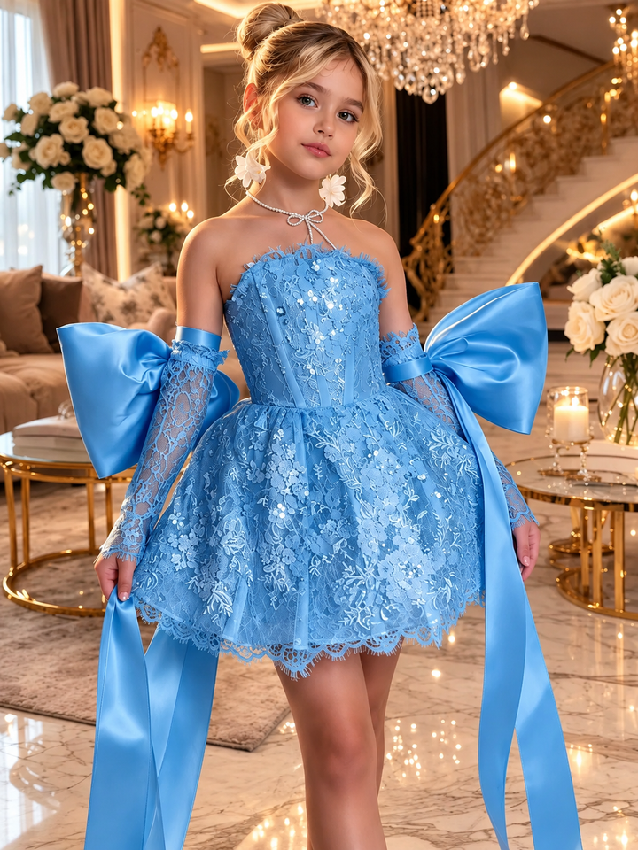 TinyTulle Elegant white Lace Flower Girl Dress with Oversized Bow