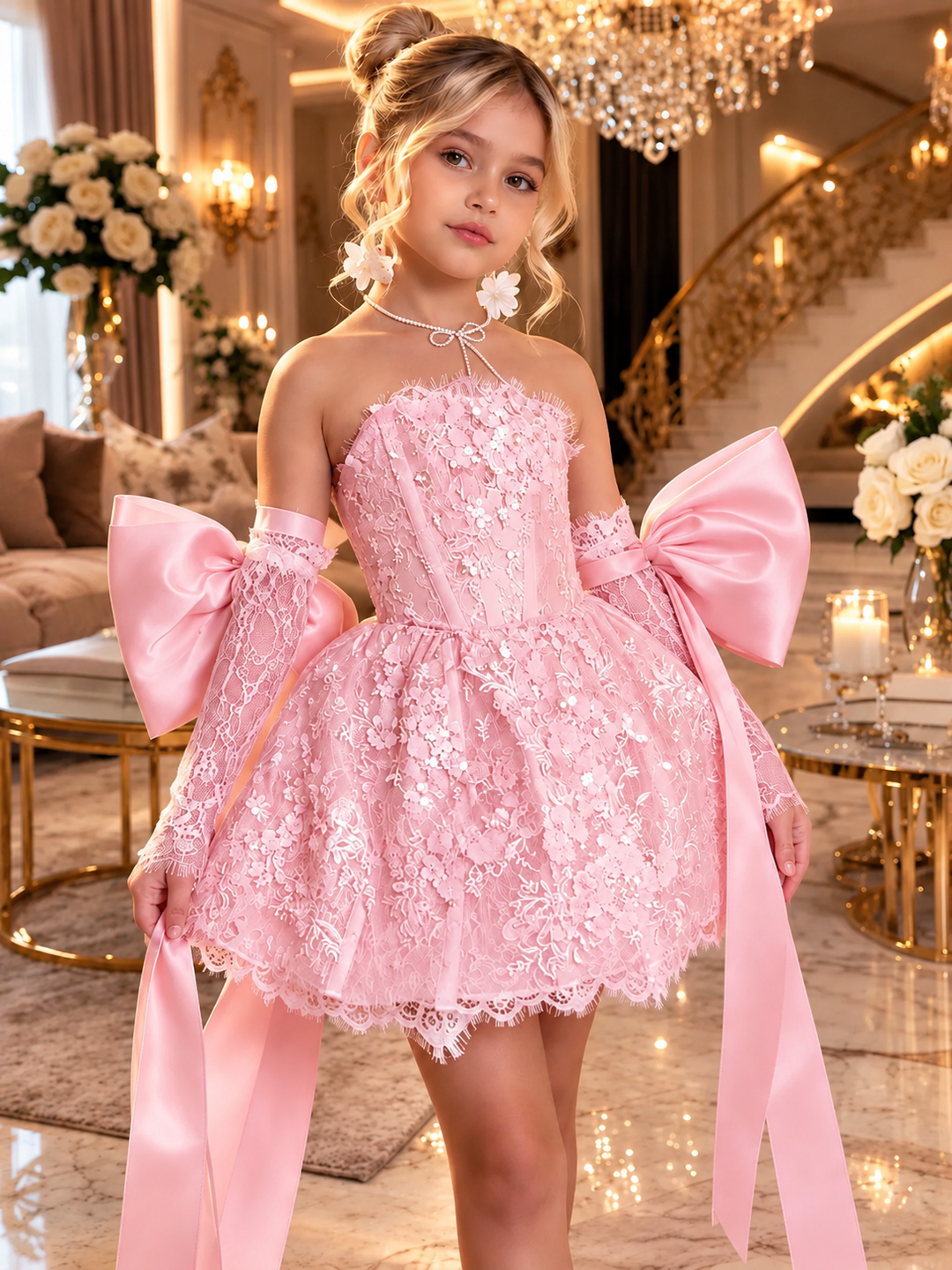 TinyTulle Elegant white Lace Flower Girl Dress with Oversized Bow