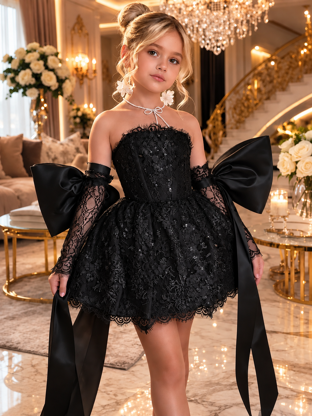 TinyTulle Elegant white Lace Flower Girl Dress with Oversized Bow