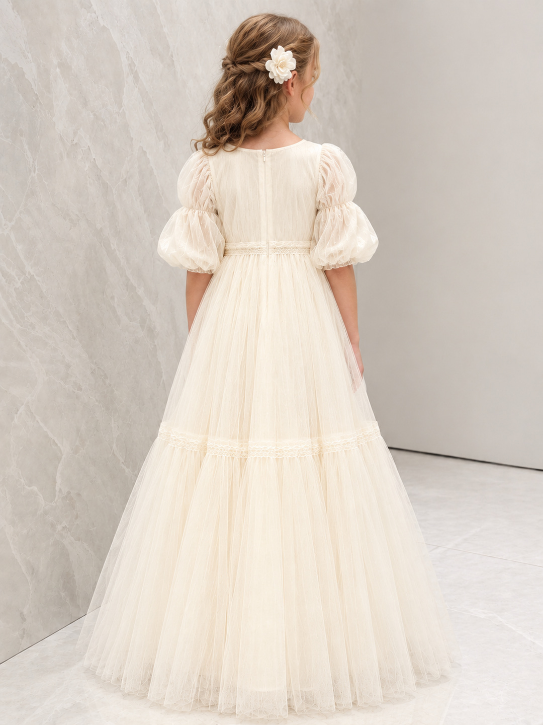 TinyTulle Ivory Tiered Tulle Flower Girl Dress with Puff Sleeves