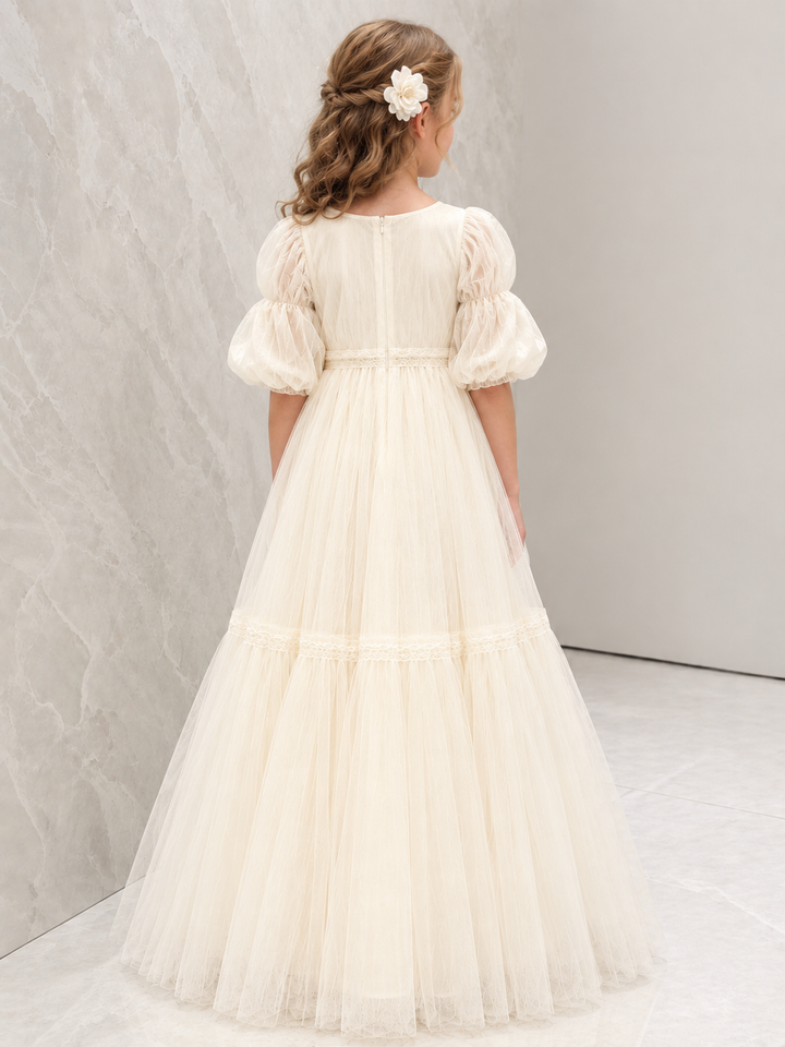 TinyTulle Ivory Tiered Tulle Flower Girl Dress with Puff Sleeves