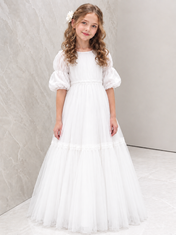 TinyTulle Ivory Tiered Tulle Flower Girl Dress with Puff Sleeves