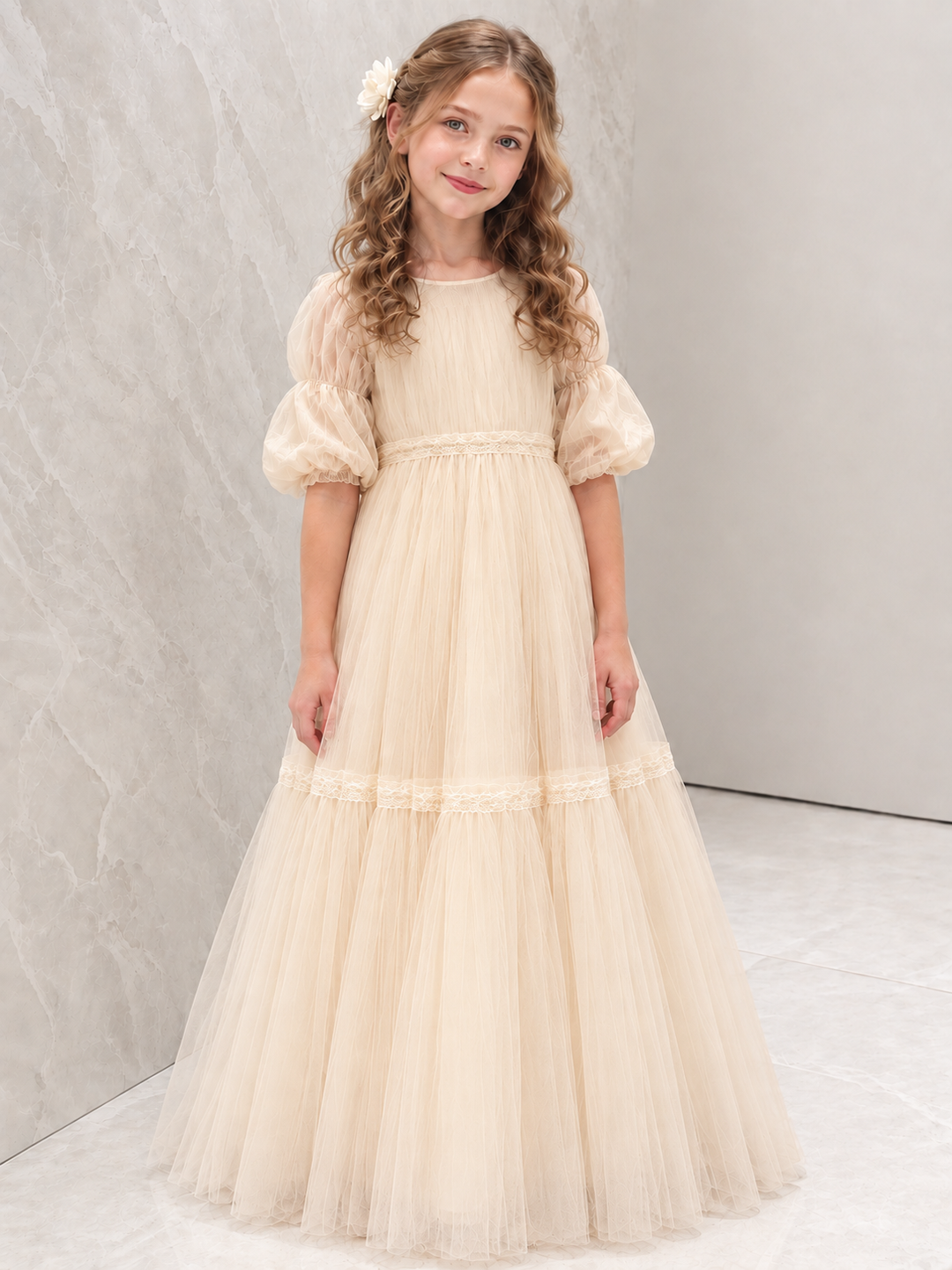 TinyTulle Ivory Tiered Tulle Flower Girl Dress with Puff Sleeves