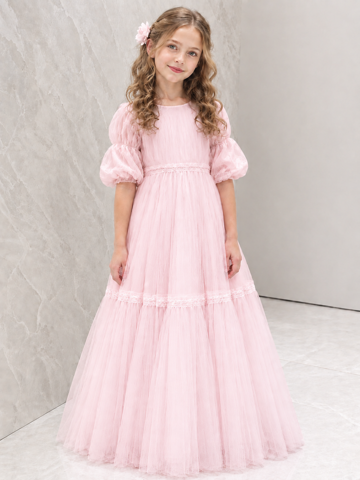 TinyTulle Ivory Tiered Tulle Flower Girl Dress with Puff Sleeves