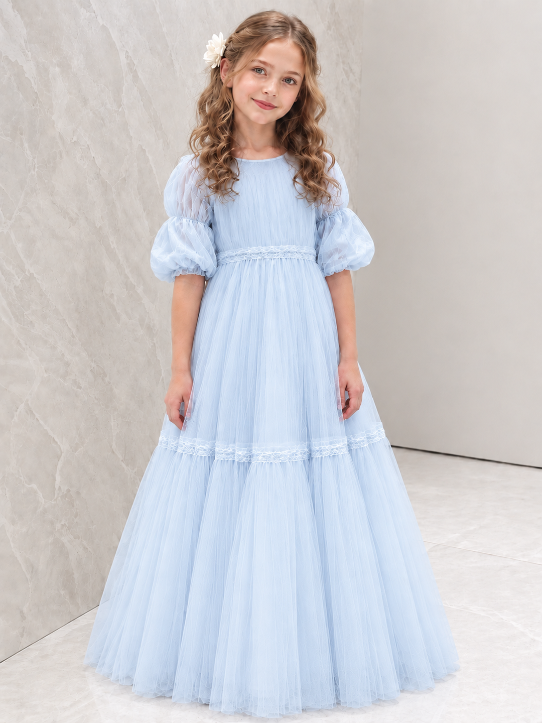TinyTulle Ivory Tiered Tulle Flower Girl Dress with Puff Sleeves