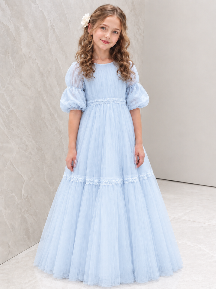 TinyTulle Ivory Tiered Tulle Flower Girl Dress with Puff Sleeves