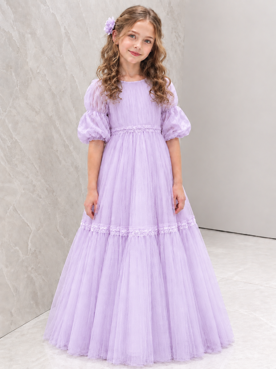 TinyTulle Ivory Tiered Tulle Flower Girl Dress with Puff Sleeves