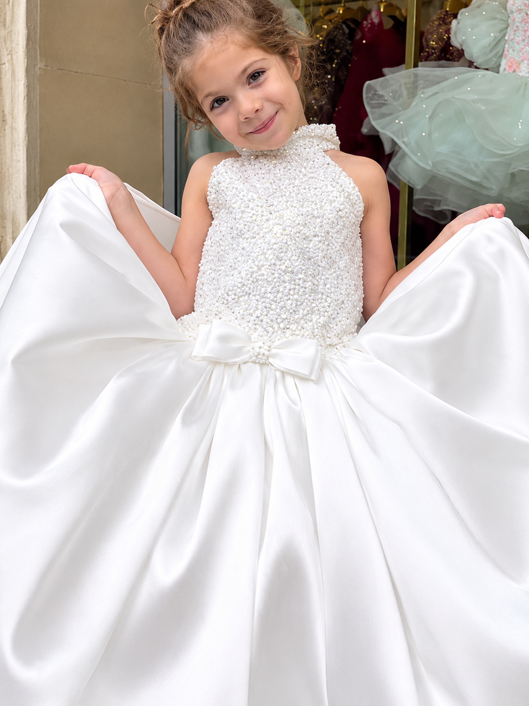TinyTulle Elegant White Satin Flower Girl Ball Gown with Oversized Bow