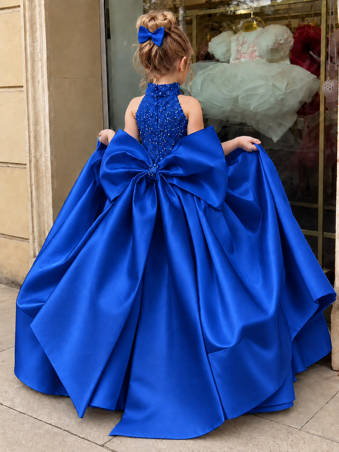 TinyTulle Elegant White Satin Flower Girl Ball Gown with Oversized Bow