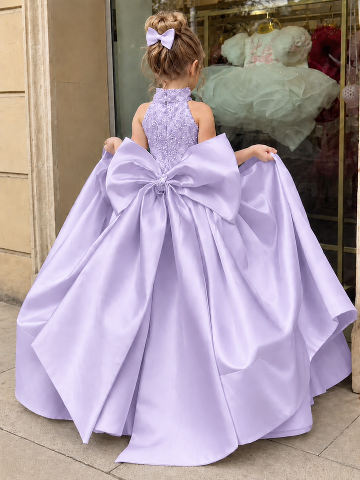 TinyTulle Elegant White Satin Flower Girl Ball Gown with Oversized Bow