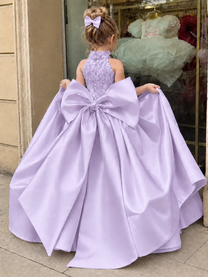 TinyTulle Elegant White Satin Flower Girl Ball Gown with Oversized Bow