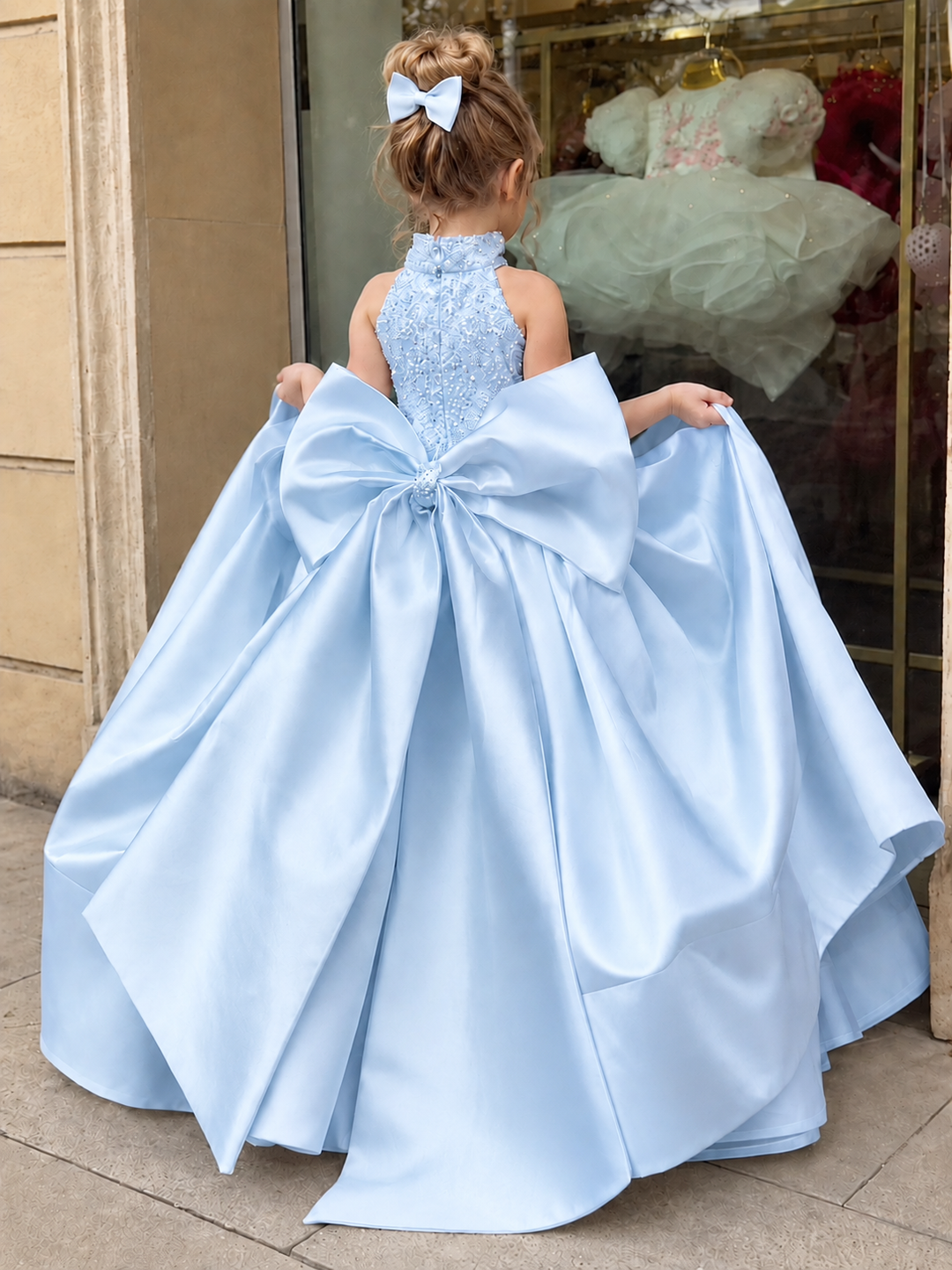 TinyTulle Elegant White Satin Flower Girl Ball Gown with Oversized Bow
