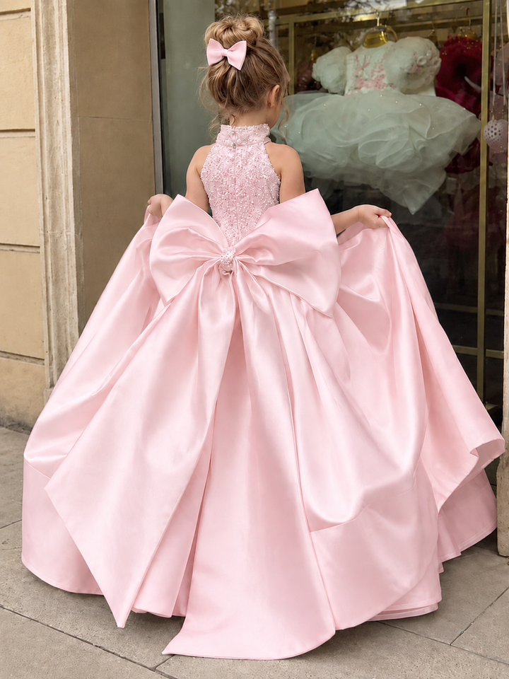 TinyTulle Elegant White Satin Flower Girl Ball Gown with Oversized Bow
