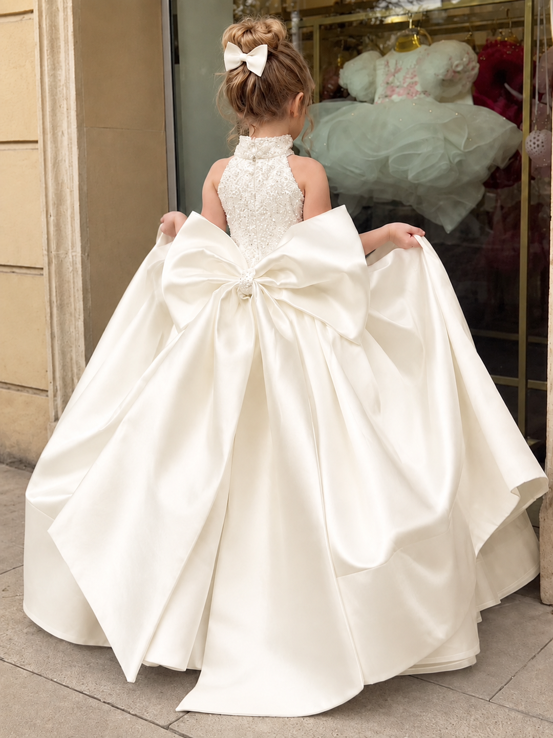 TinyTulle Elegant White Satin Flower Girl Ball Gown with Oversized Bow