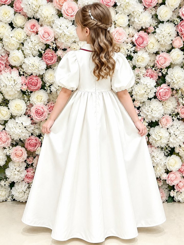 TinyTulle Elegant Ivory Puff Sleeve Flower Girl Dress with Burgundy Trim