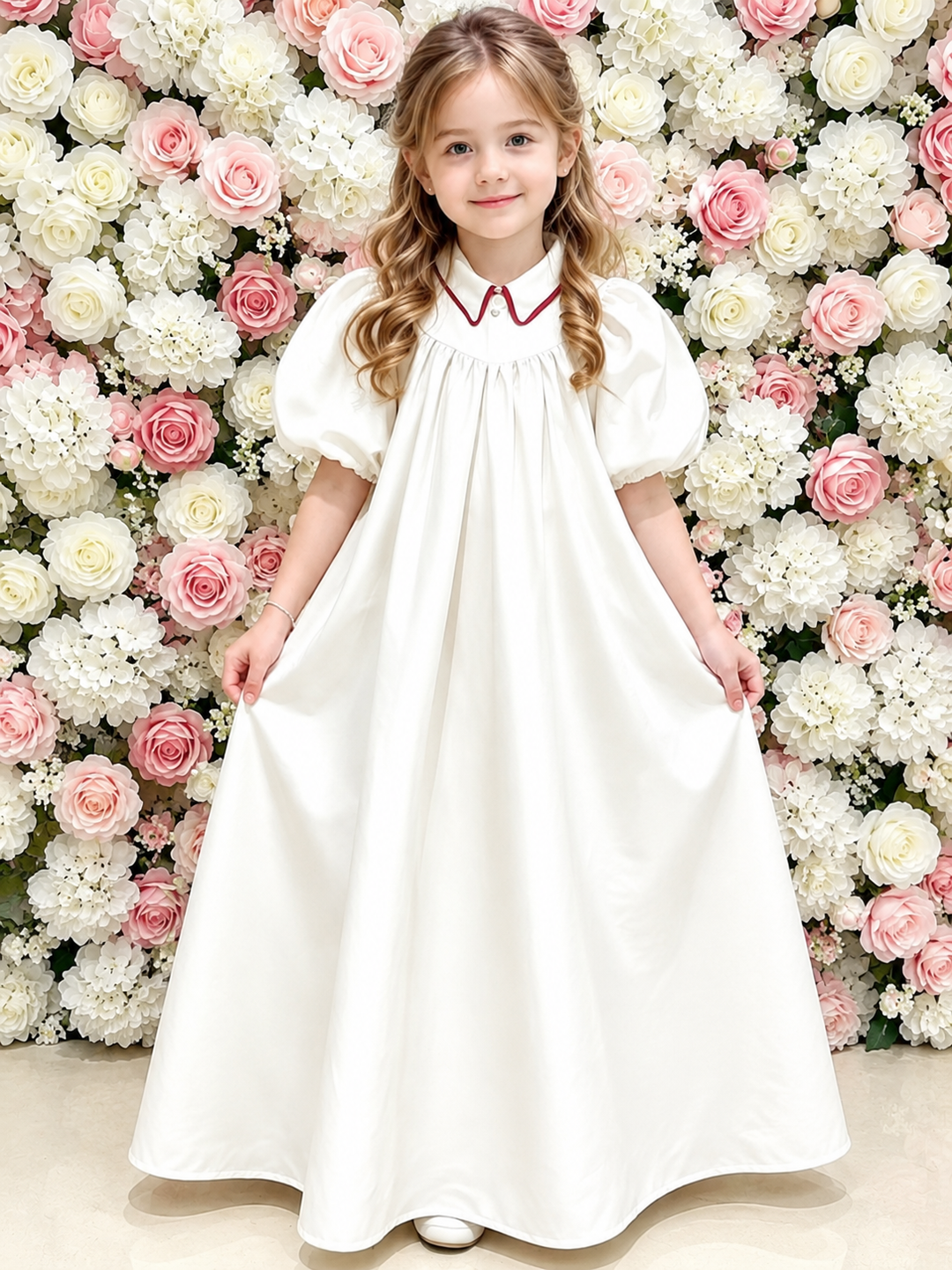 TinyTulle Elegant Ivory Puff Sleeve Flower Girl Dress with Burgundy Trim