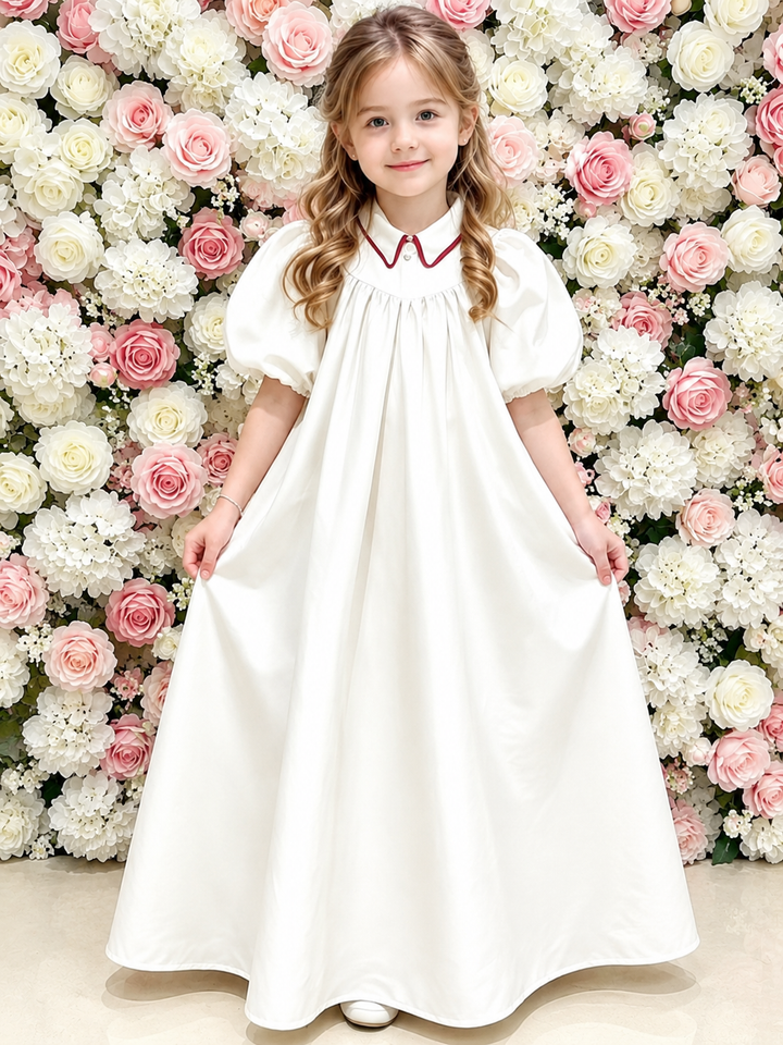 TinyTulle Elegant Ivory Puff Sleeve Flower Girl Dress with Burgundy Trim