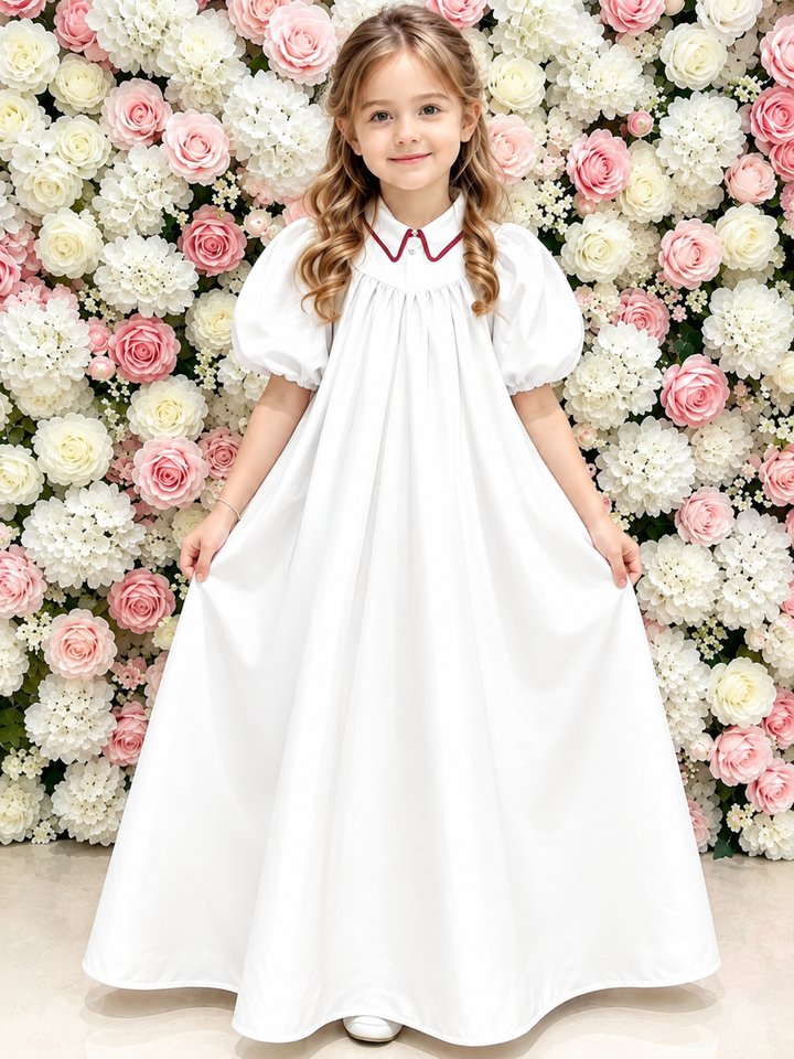TinyTulle Elegant Ivory Puff Sleeve Flower Girl Dress with Burgundy Trim