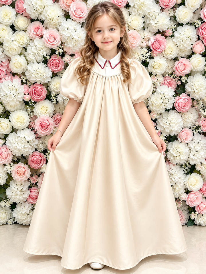 TinyTulle Elegant Ivory Puff Sleeve Flower Girl Dress with Burgundy Trim
