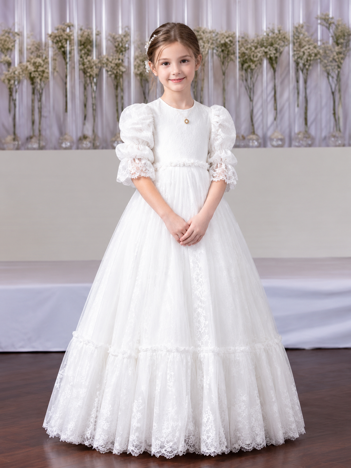 TinyTulle Elegant White Lace Puff Sleeve Flower Girl Dress