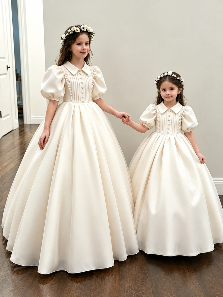 TinyTulle Elegant Ivory Puff Sleeves Ball Gown Flower Girl Dress for Wedding
