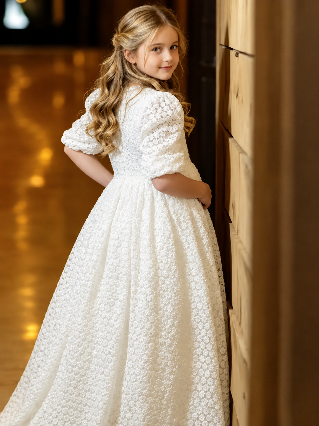 TinyTulle Elegant White Floral Lace Puff Sleeve Flower Girl Dress